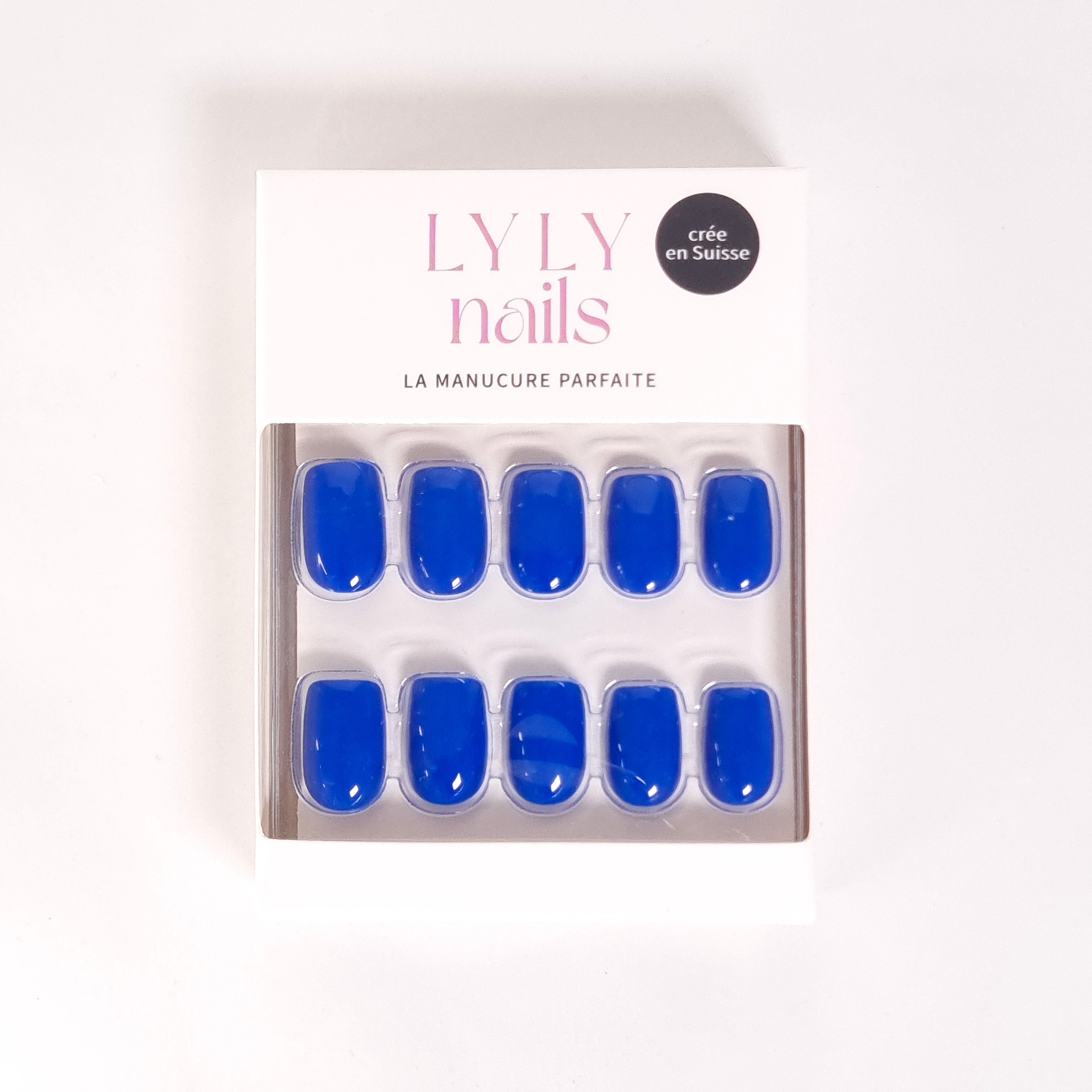 Kit Press-on Nails Bleu Électrique carré court — conditionnement LYLY Nails