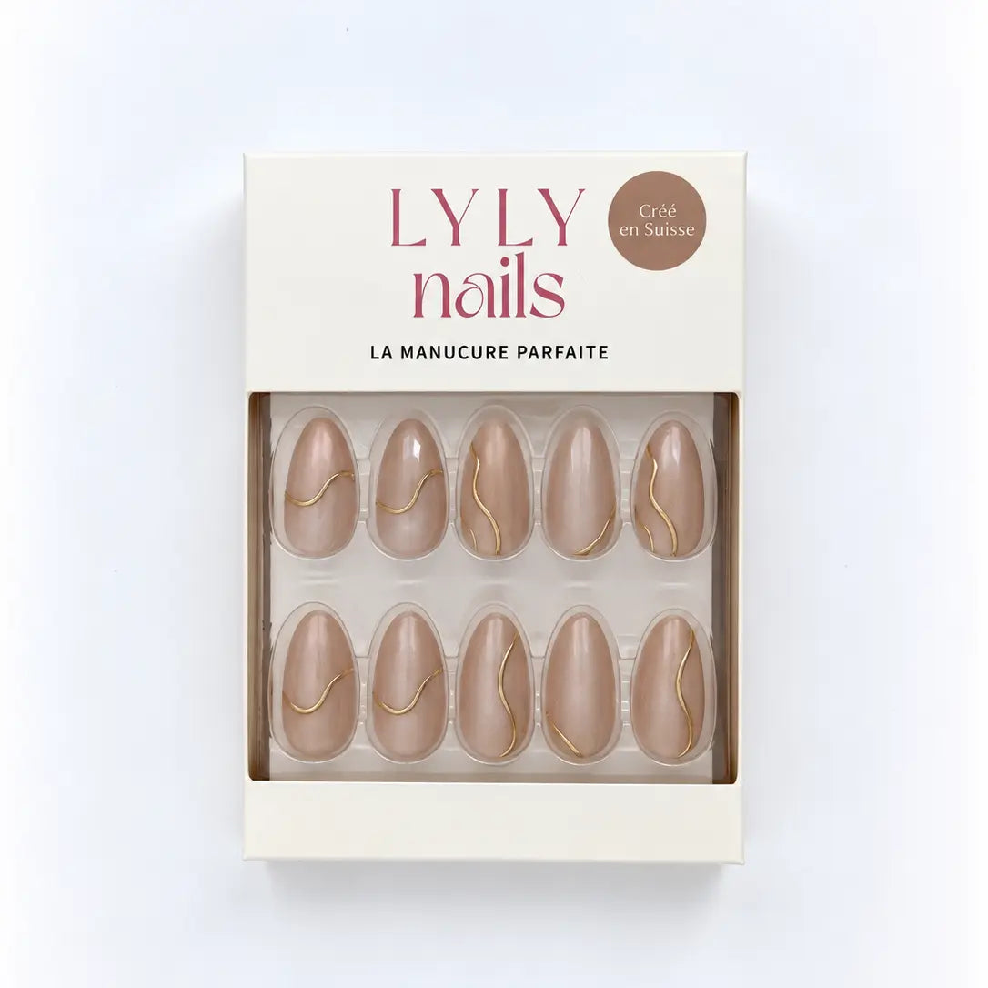 Boîte faux ongles Press-on Nails Golden Champagne forme amande courte, kit manucure LYLY Nails