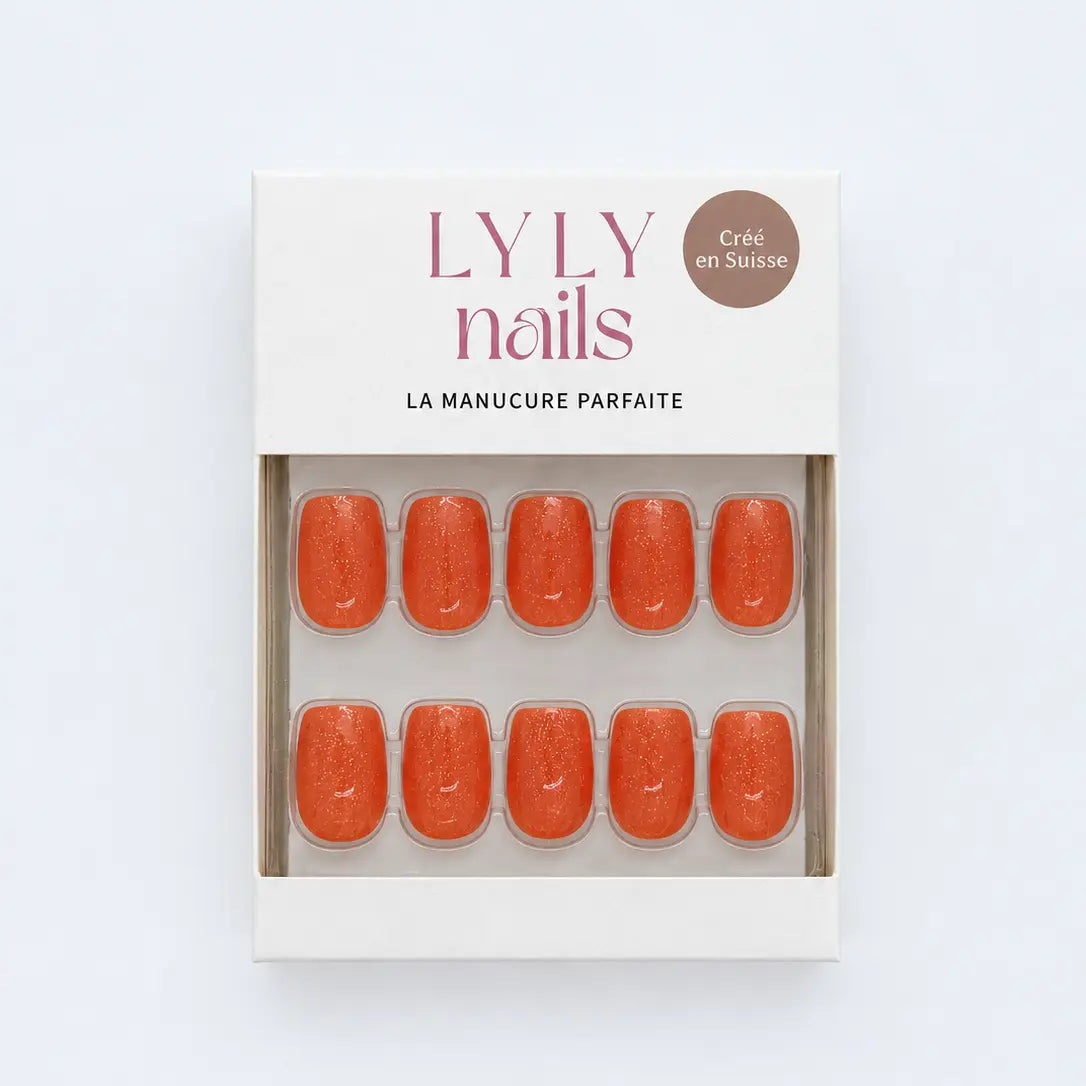 Packaging faux ongles Press-on Nails Orange Pailleté forme carrée courte, kit manucure LYLY Nails