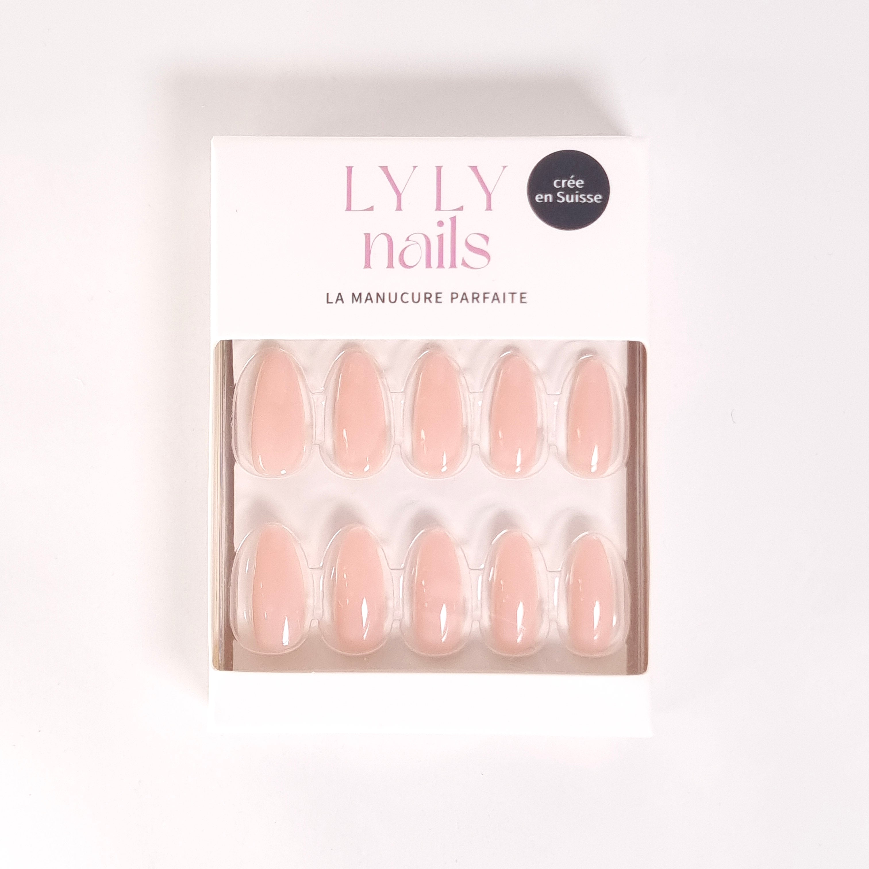 Kit Press-on Nails Pêche Douce amande moyen — conditionnement LYLY Nails créé en Suisse