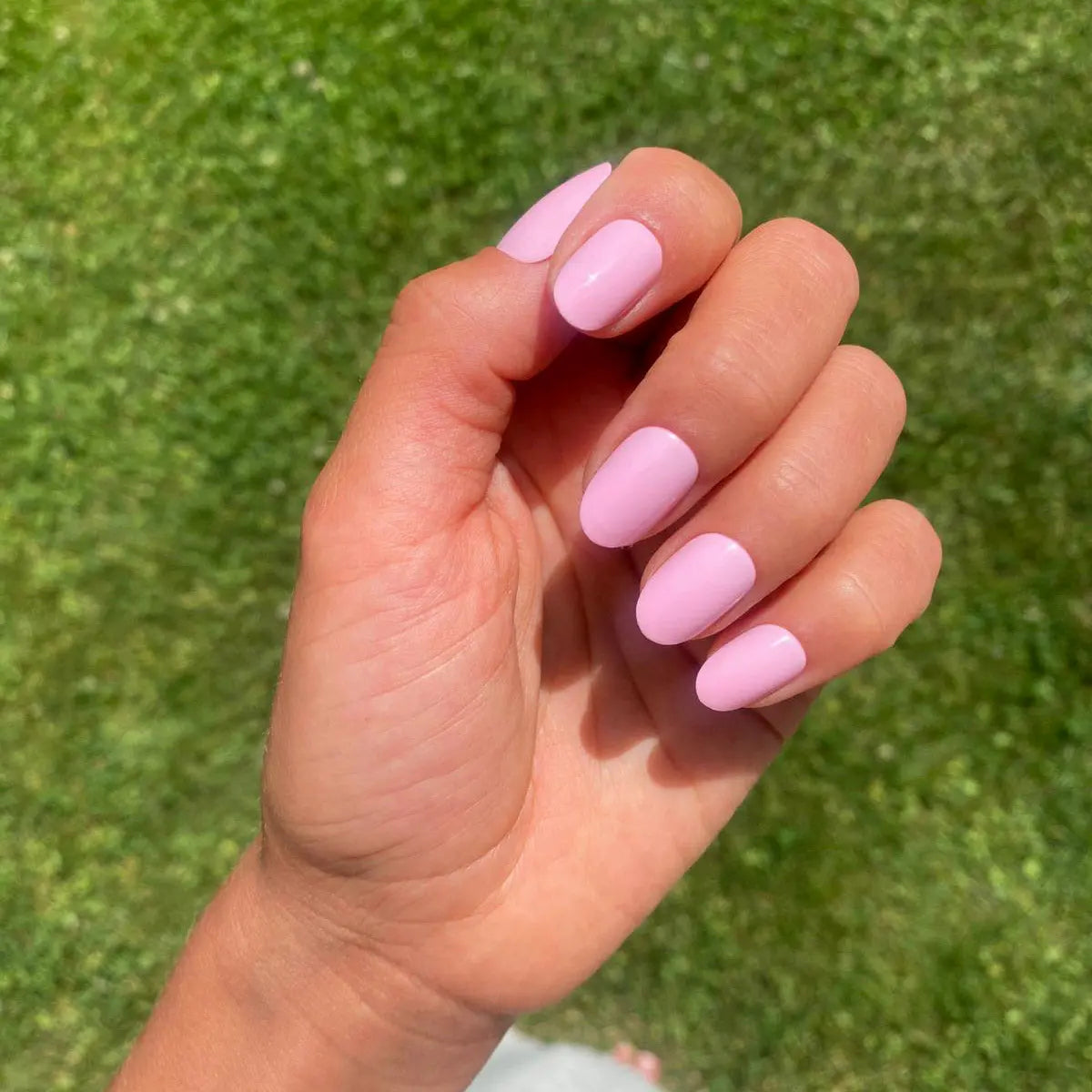 Press-on nails Rose Bonbon arrondi courts main levée sur pelouse ensoleillée, LYLY Nails