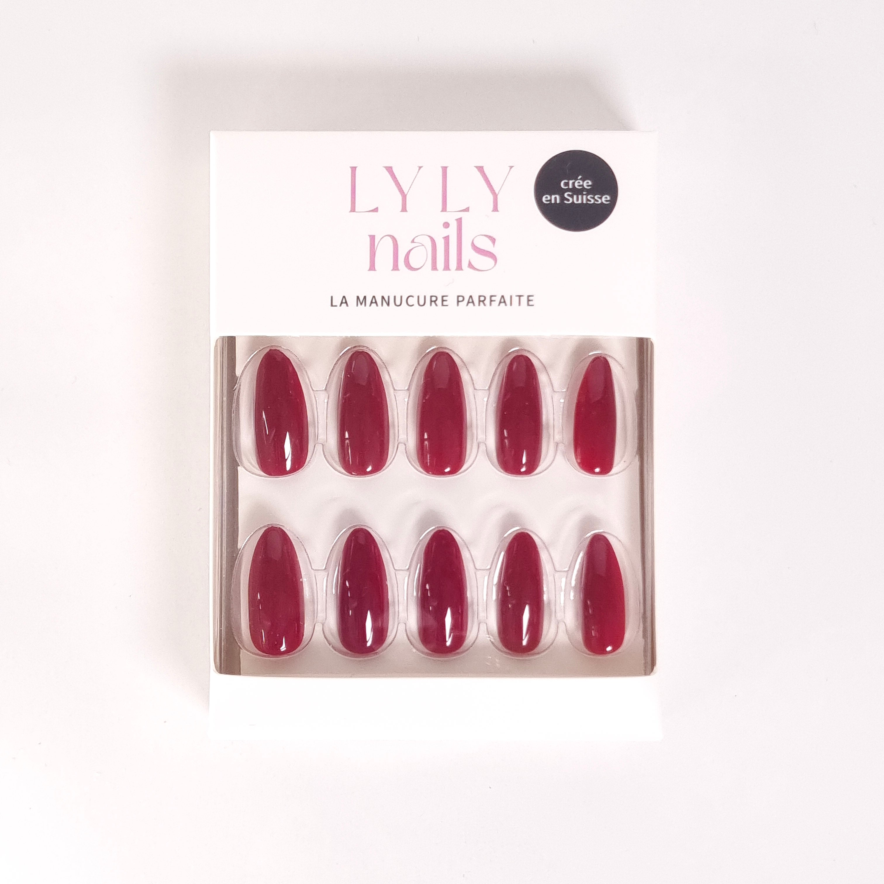 Boîte Press-on Nails Rouge Cerise — kit manucure longueur moyenne forme amande LYLY Nails