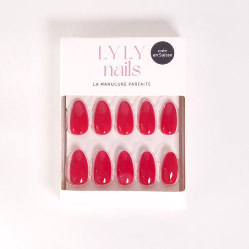 Kit Press-on Nails Rouge Coquelicot forme amande courte — packaging marque suisse LYLY Nails