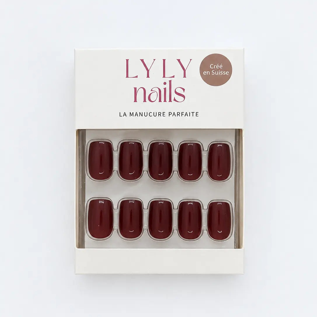 Packaging faux ongles Press-on Nails Rouge Merlot forme carrée courte, kit manucure LYLY Nails