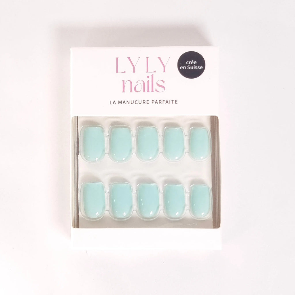 Kit Press-on Nails Vert Lagon carré court, packaging élégant LYLY Nails